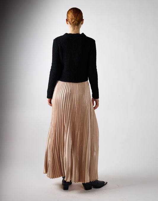 Sand Sateen High-Waist Pleated Maxi-Skirt