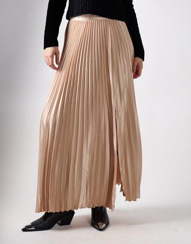 Sand Sateen High-Waist Pleated Maxi-Skirt
