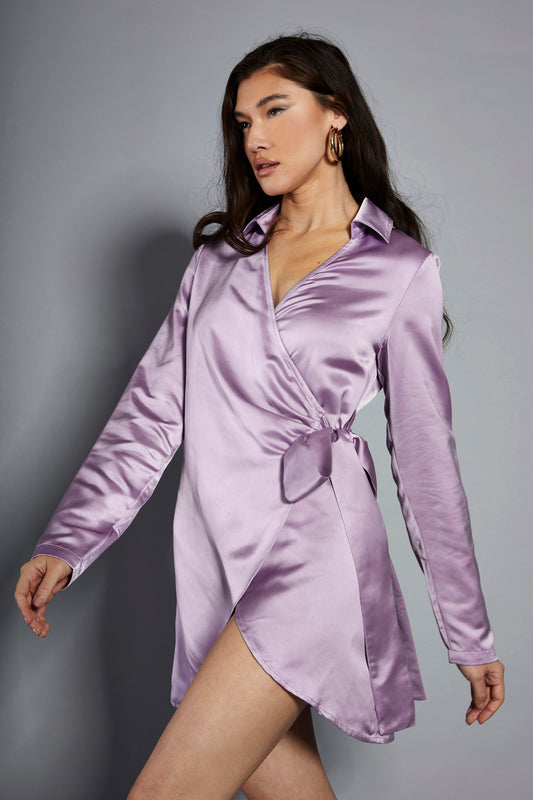 Glamorous Studio Lavender Satin Mini Wrap Dress with Collar
