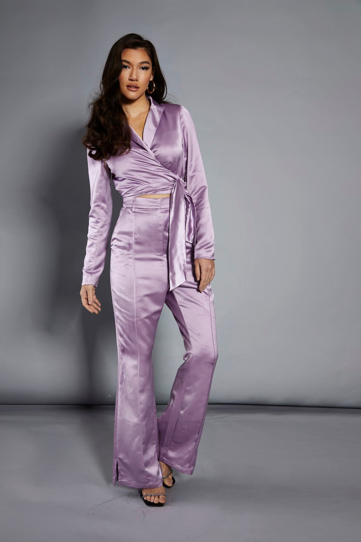 Glamorous Studio Lavender Satin Tailored Split Flared Trousers