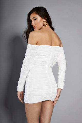 Glamorous Studio White Mesh Ruched Bardot Mini Dress