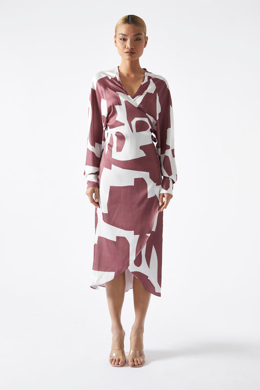 Dark-Rose Abstract Wrap Midi-Dress