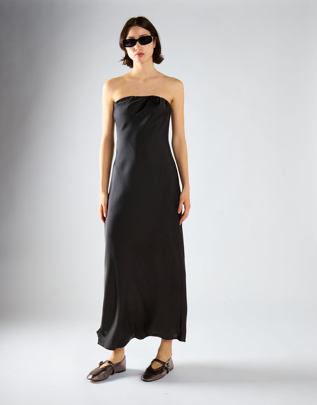 Black-Satin Bias-Cut Strapless Midaxi-Dress