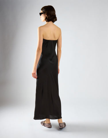 Black-Satin Bias-Cut Strapless Midaxi-Dress