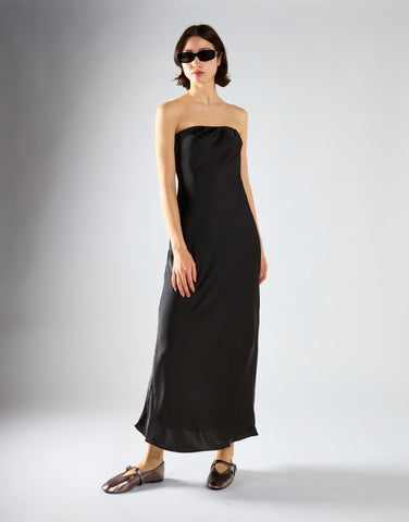 Black-Satin Bias-Cut Strapless Midaxi-Dress