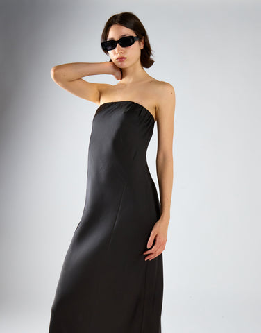 Black-Satin Bias-Cut Strapless Midaxi-Dress
