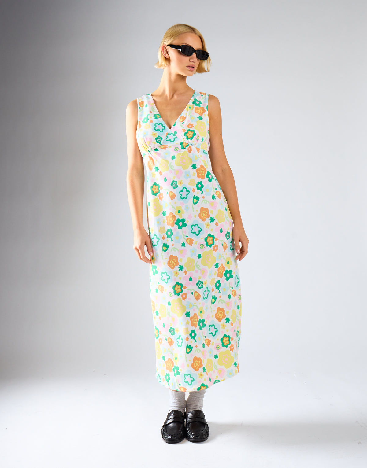 Retro Spring-Floral V-Neck Bias-Cut Maxi-Dress