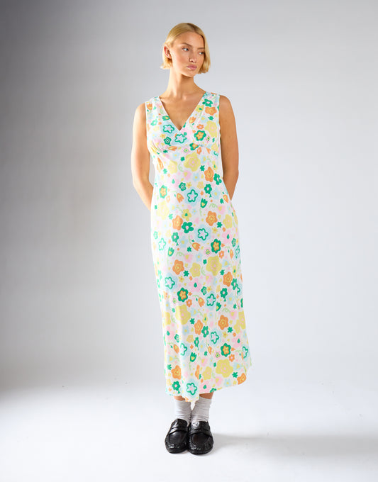 Retro Spring-Floral V-Neck Bias-Cut Maxi-Dress