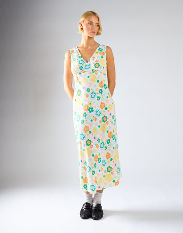 Retro Spring-Floral V-Neck Bias-Cut Maxi-Dress