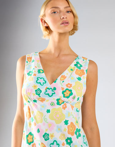 Retro Spring-Floral V-Neck Bias-Cut Maxi-Dress