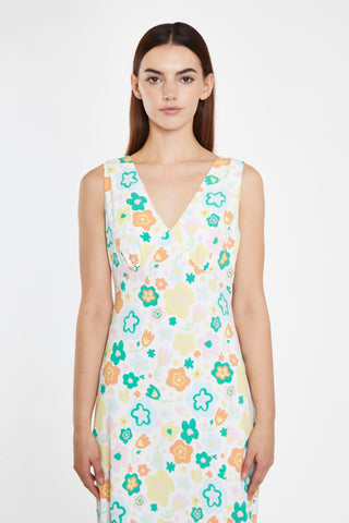 Retro Spring-Floral V-Neck Bias-Cut Maxi-Dress