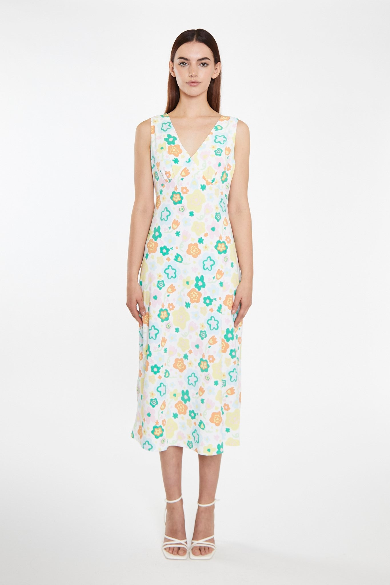 Retro Spring-Floral V-Neck Bias-Cut Maxi-Dress