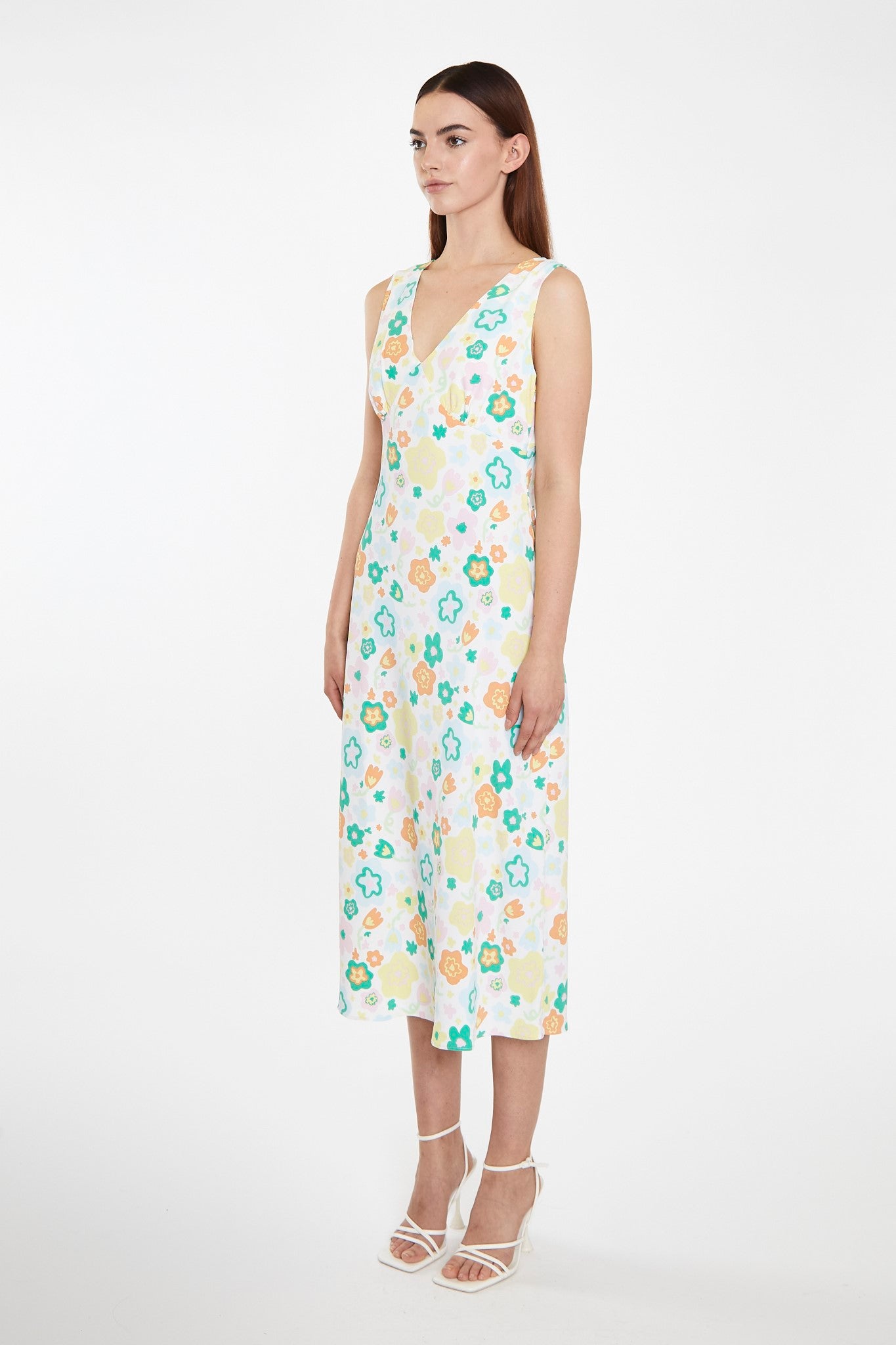 Retro Spring-Floral V-Neck Bias-Cut Maxi-Dress
