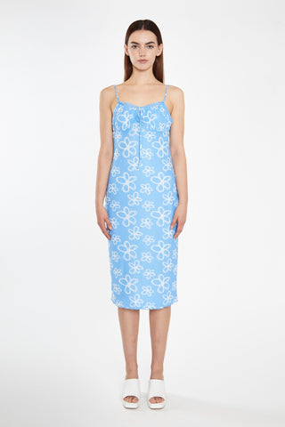Blue Scribble-Daisy Mesh Strappy Gathered-Bust Midi-Dress