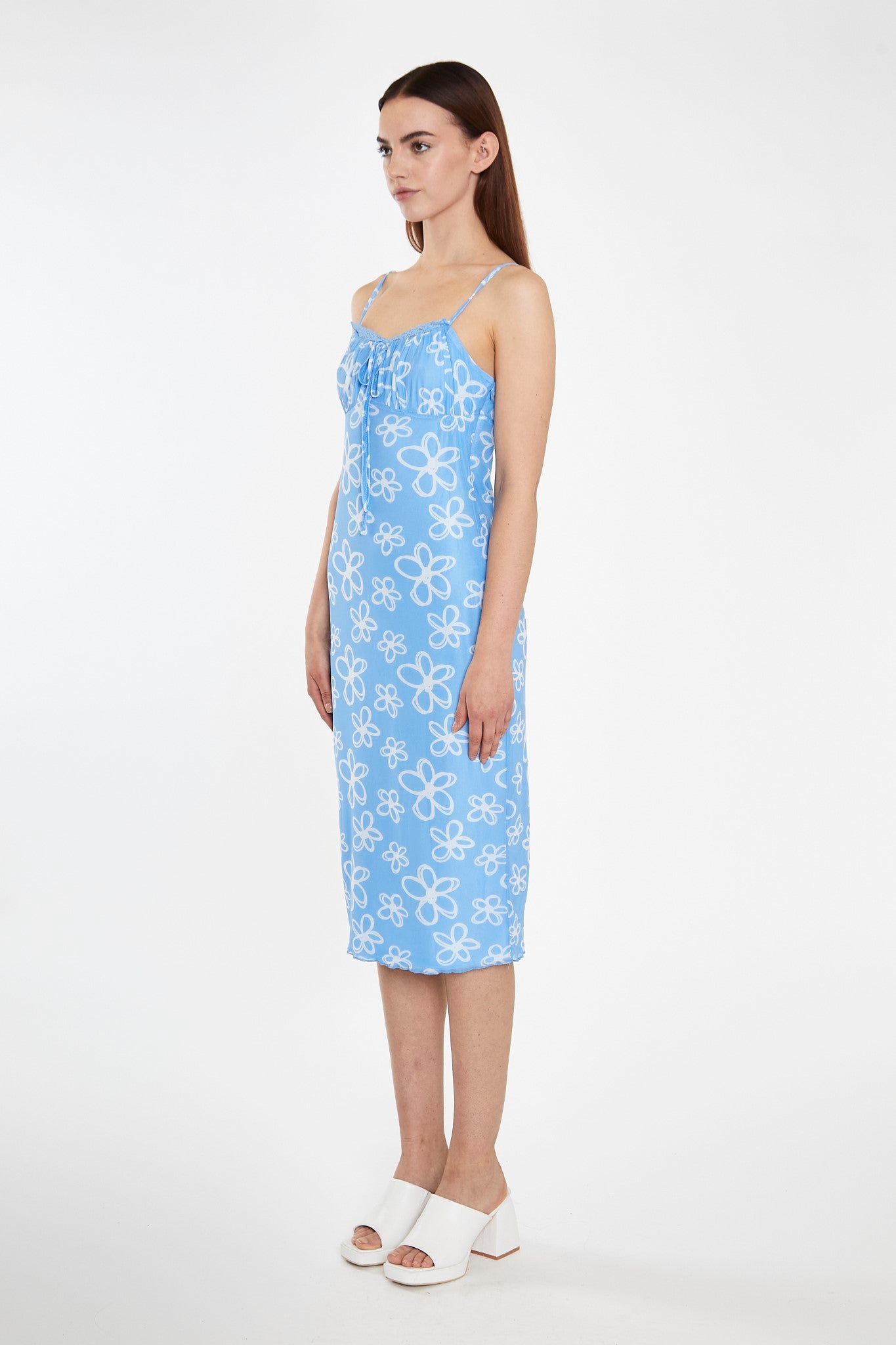 Blue Scribble-Daisy Mesh Strappy Gathered-Bust Midi-Dress