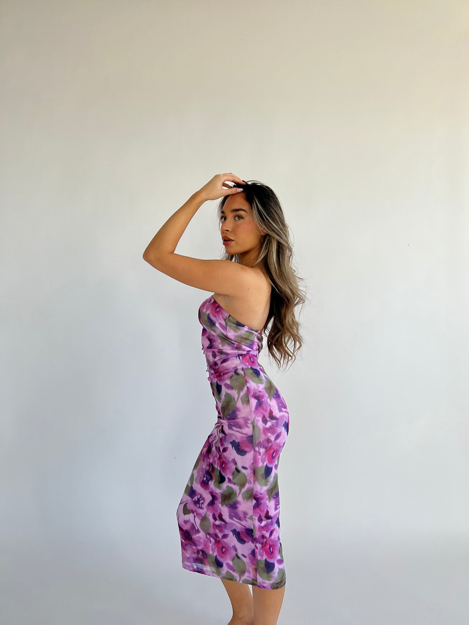 Blurred-Purple Floral Bandeau Midaxi-Dress