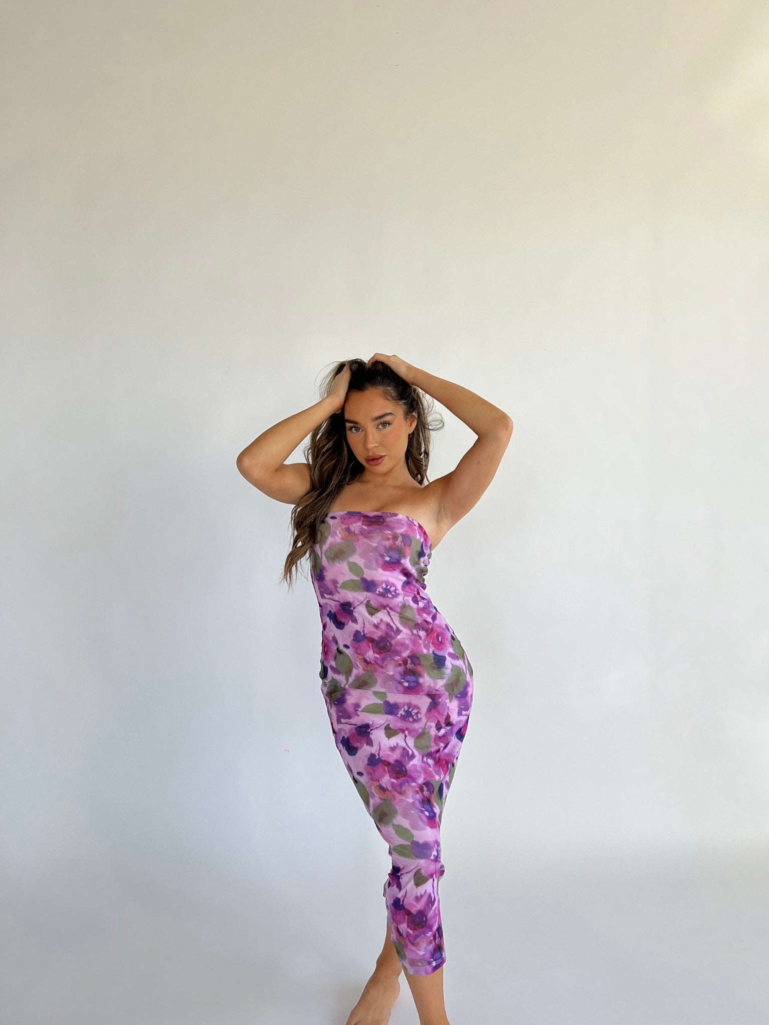 Blurred-Purple Floral Bandeau Midaxi-Dress
