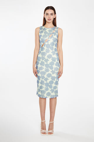 Blue-Green Floral Mesh Bodycon Cut-Out Midi-Dress