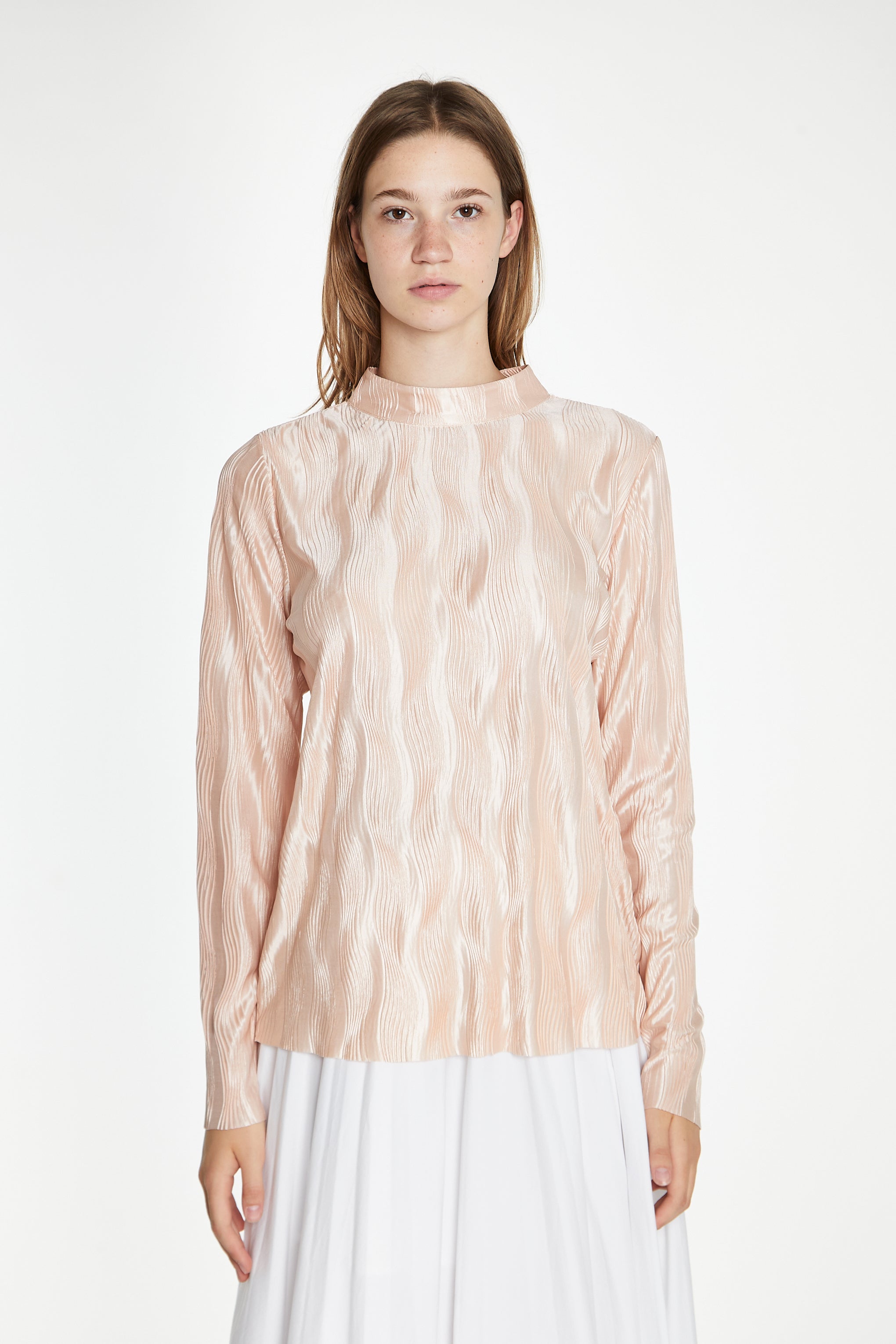 Nude Plisse Long-Sleeve High-Neck Top