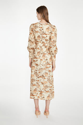 Tan Multi Blossom Long-Sleeve Belted Maxi-Dress