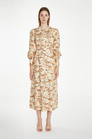 Tan Multi Blossom Long-Sleeve Belted Maxi-Dress