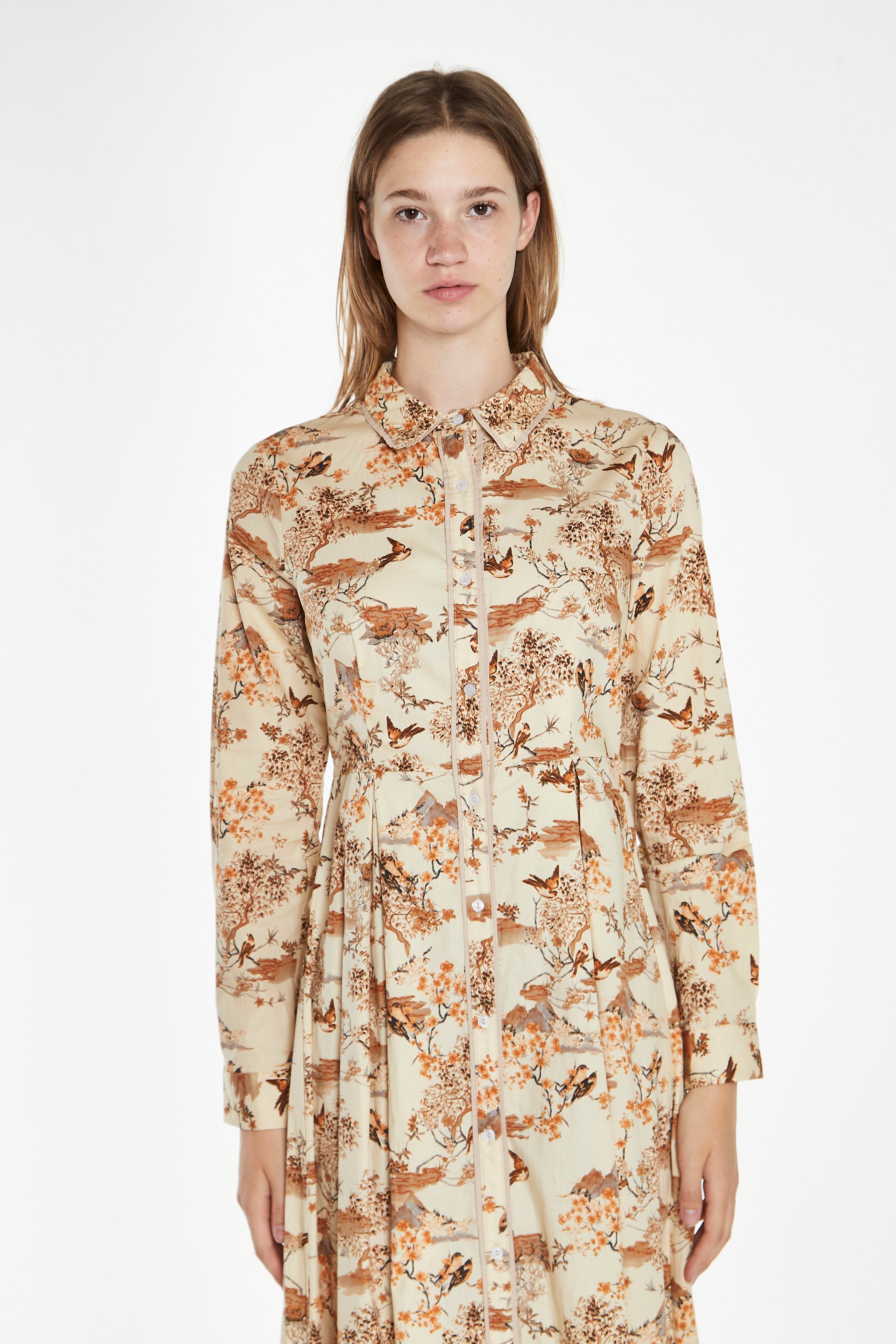 Tan Multi Blossom Long-Sleeve Maxi Shirt-Dress