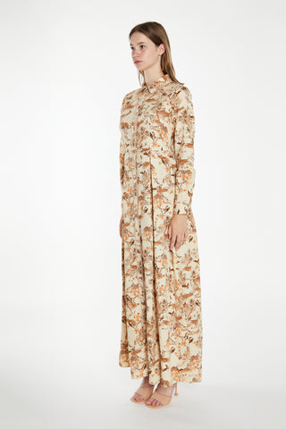 Tan Multi Blossom Long-Sleeve Maxi Shirt-Dress