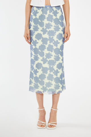 Blue-Green Floral Mesh Lace-Trim Midi-Skirt