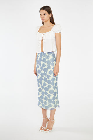 Blue-Green Floral Mesh Lace-Trim Midi-Skirt