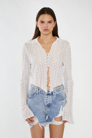 Off-White Lace Button-Through Asymmetrical-Top