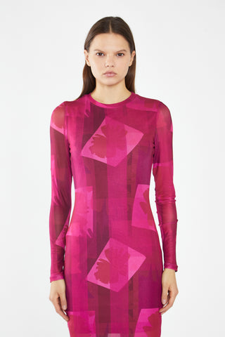 Pink-Block Mesh Crew-Neck Bodycon Maxi-Dress