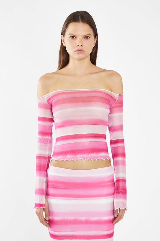 Pink Ombre-Stripe Mesh Off the Shoulder -Top