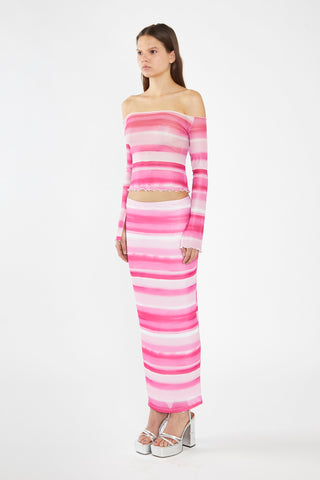 Pink Ombre-Stripe Mesh Off the Shoulder -Top