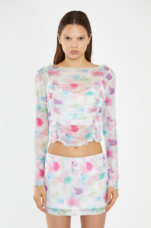 Watercolour-Floral Mesh Ruched Long-Sleeve-Top
