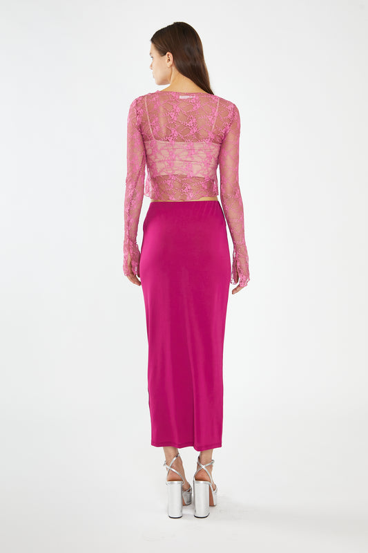 Fuchsia Lace Tie-Front Flare-Sleeve Top