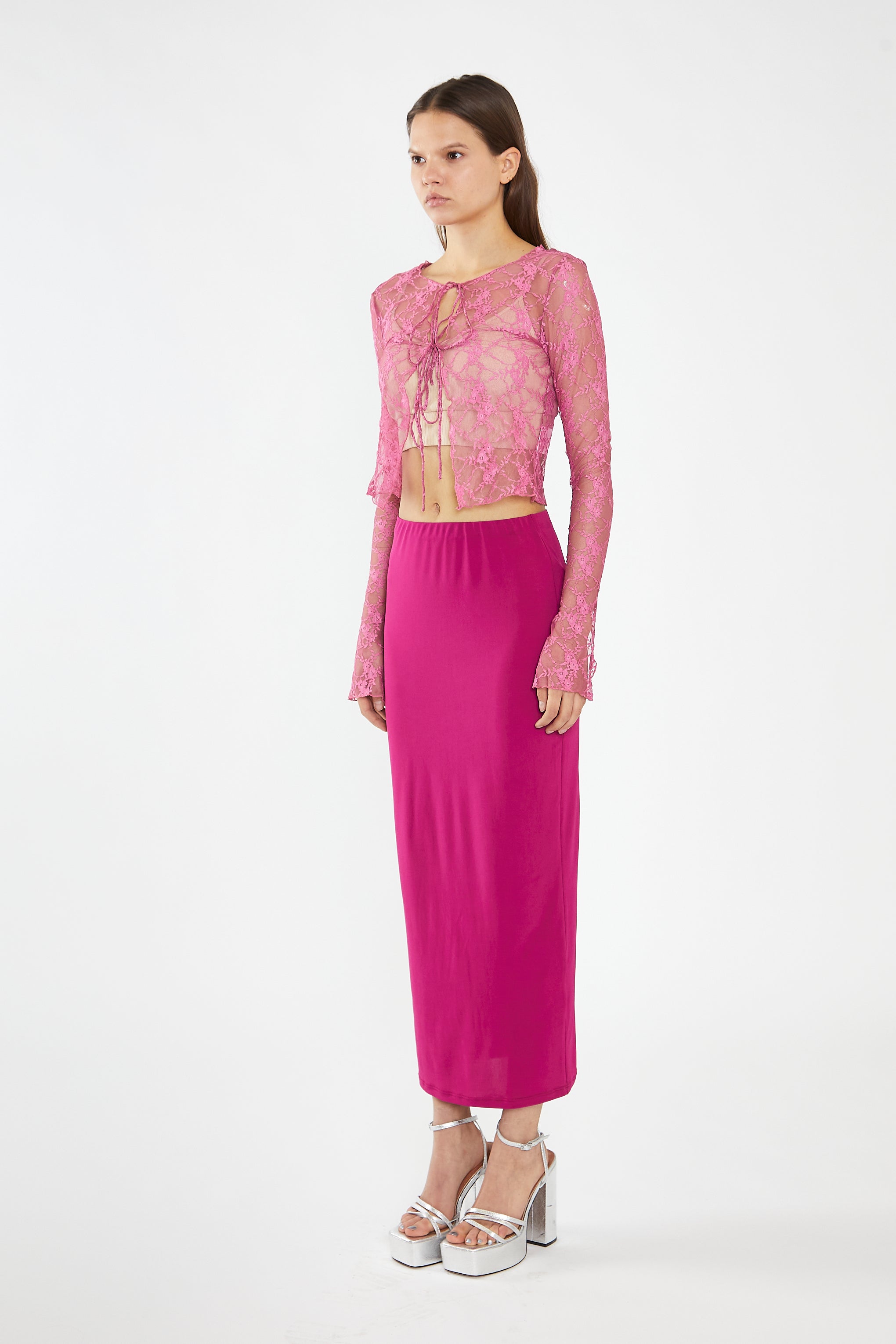 Fuchsia Lace Tie-Front Flare-Sleeve Top