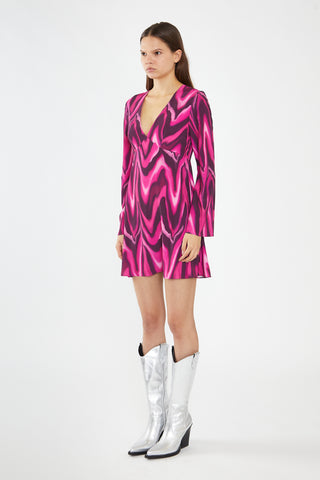 Pink Multi-Blurred Wave Flared Sleeve Mini-Dress