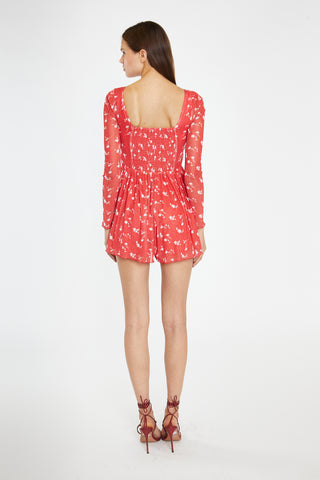 Red Vintage-Floral Ruched Long-Sleeve Playsuit