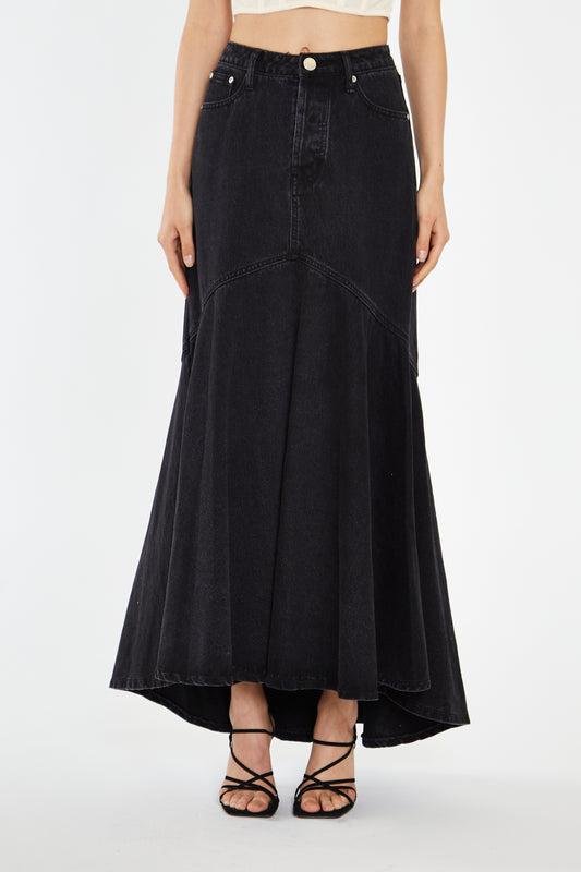 Washed Black Denim Fishtail Maxi-Skirt