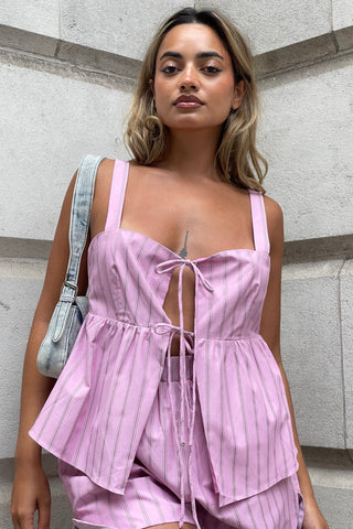 Pink Vertical-Stripe Tie-Front Smock-Top