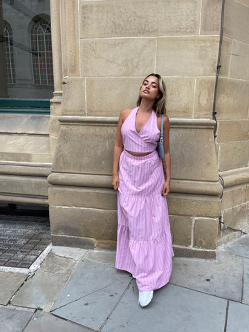 Pink Vertical-Stripe Tiered Maxi-Skirt