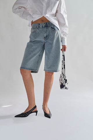 Dirty-Vintage Blue Denim Long -Shorts