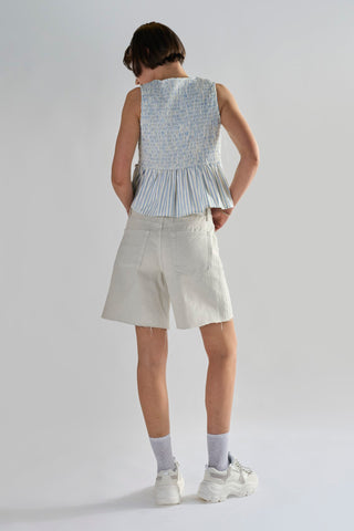 Bleach-White Denim Cut-Off Long Shorts