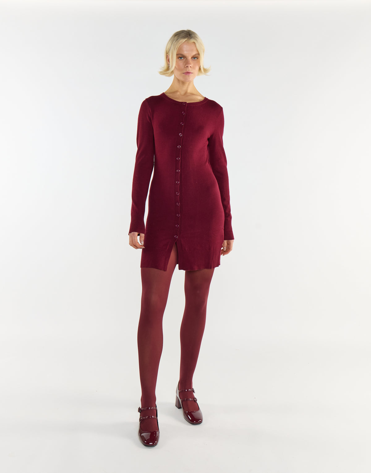 Burgundy Button-Front Long Sleeve Cardigan