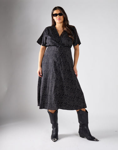V - Neck Maxi Dress - Black White Dot