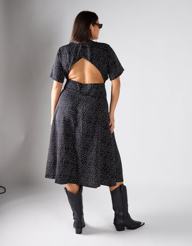 V - Neck Maxi Dress - Black White Dot