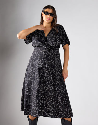 V - Neck Maxi Dress - Black White Dot
