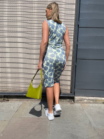 Blue-Green Floral Mesh Bodycon Cut-Out Midi-Dress