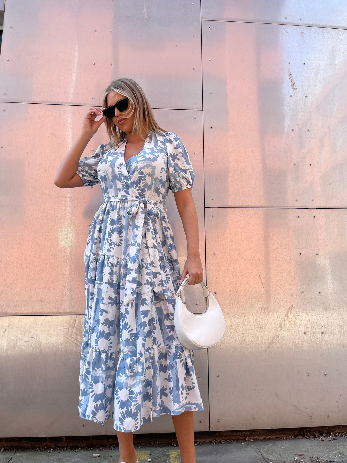 Blue Flower Collage Tiered Wrap Maxi-Dress
