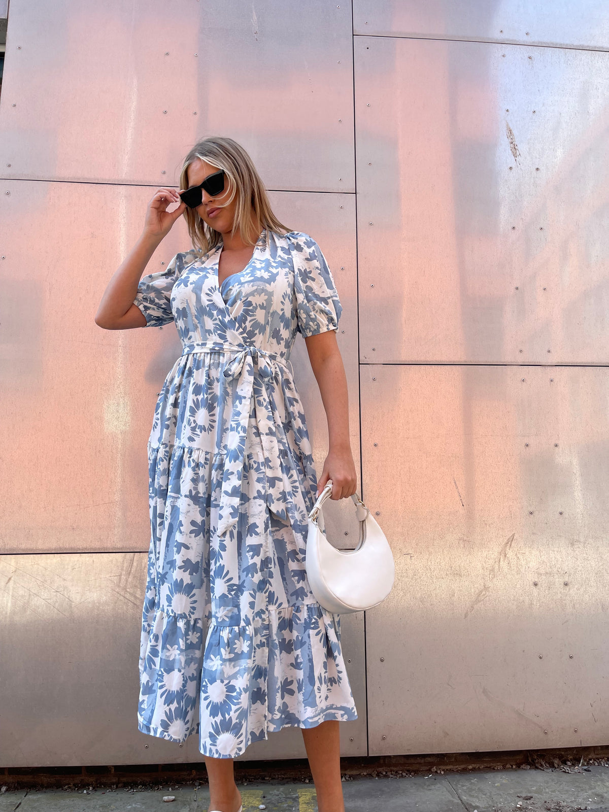 Blue Flower Collage Tiered Wrap Maxi-Dress Blue Flower Collage Tiered Wrap Maxi-Dress